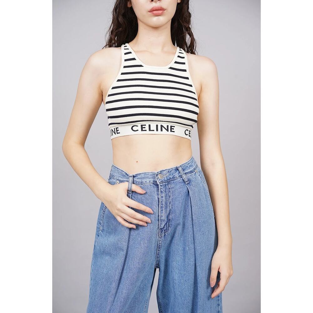 Celine Striped Logo Waistband Racerback Ribbed Crop Tank Top Cream Black Small